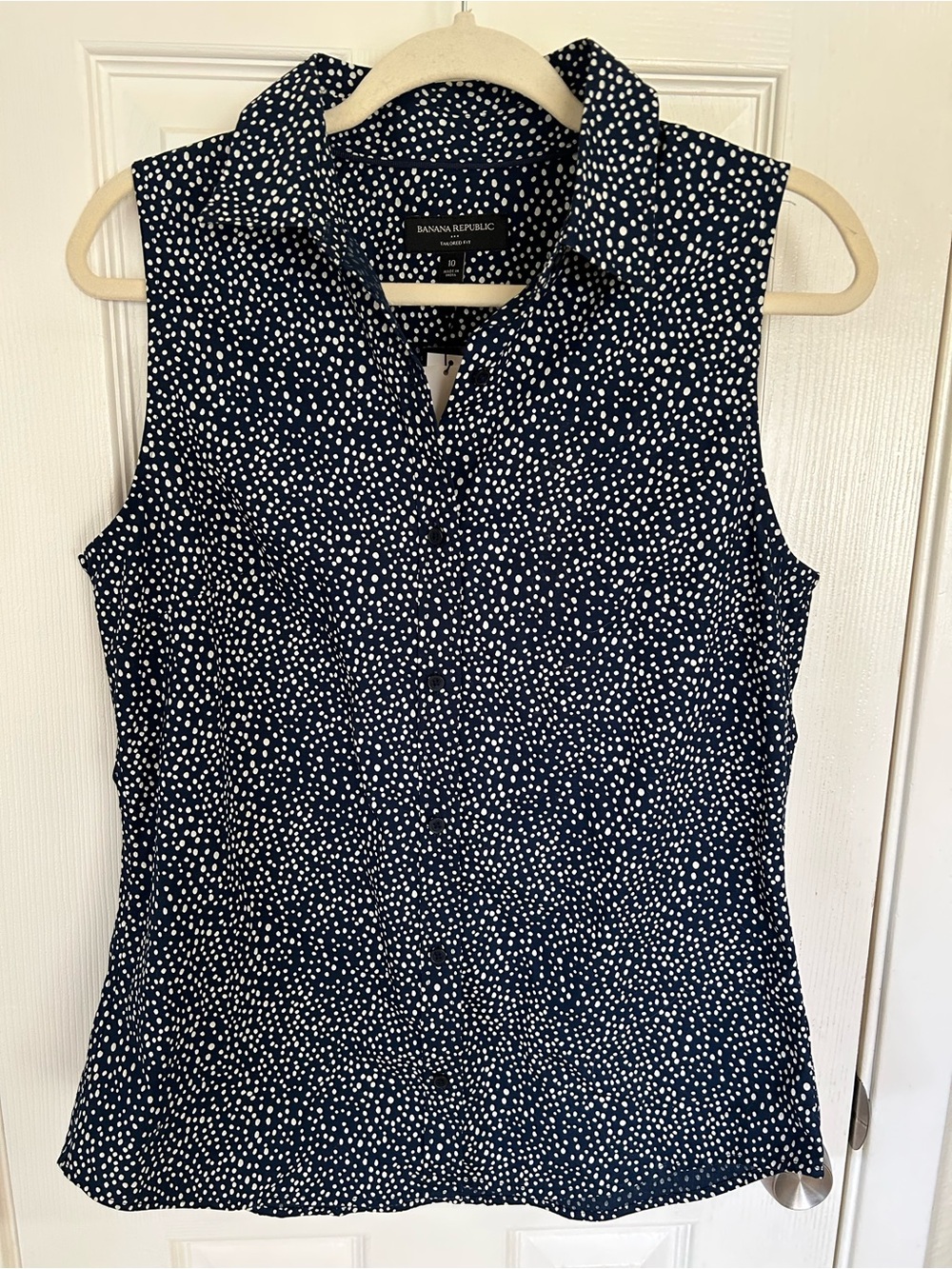 Banana Republic Navy Sleeveless Collared Dot Print Top